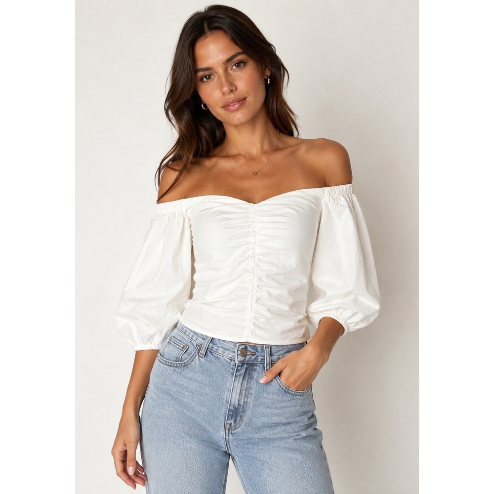 Modern Citizen Off Shoulder Top Women XS‎ White Ruched Puff Sleeve Luxury Cotton
